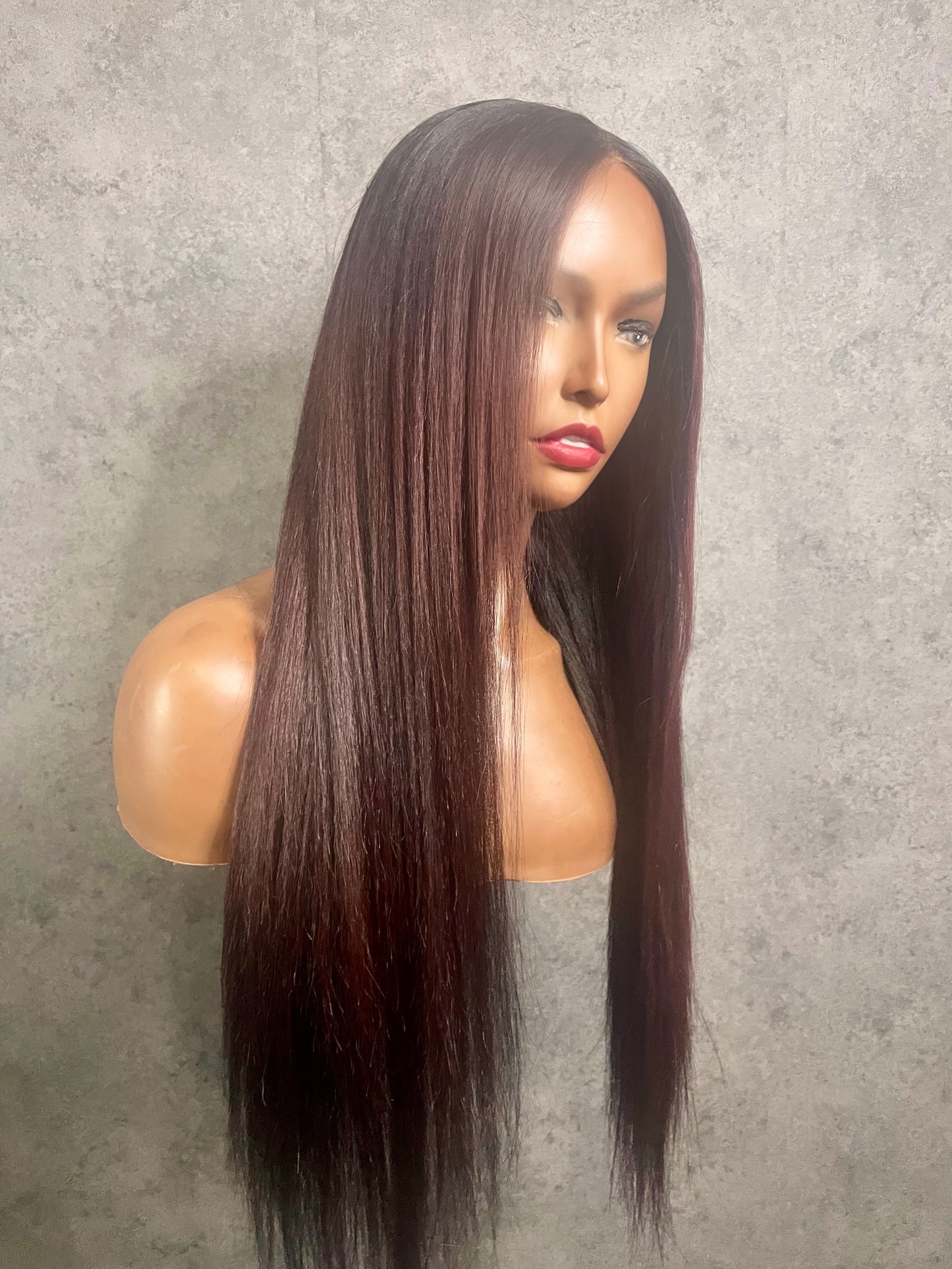 Kinky Straight Wig – 5x5 Closure | 26” | Burgundy Wine Tone